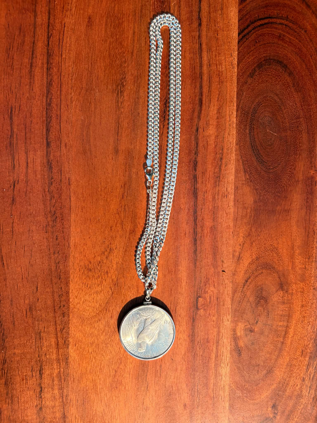 1923 Peace dollar pendant necklace, eagle side, full view