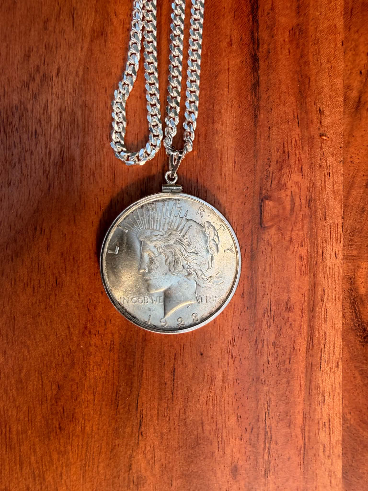 1923 Peace dollar pendant, Liberty side close-up