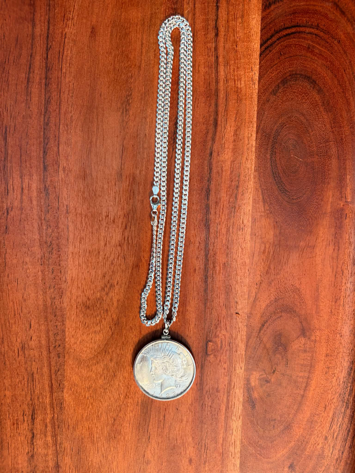 1923 Peace dollar pendant necklace, Liberty side, full view