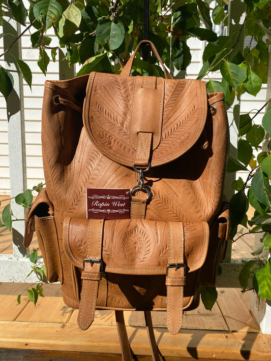 Ropin West Hand-Tooled Full-Grain Leather Travel Backpack – Style 784