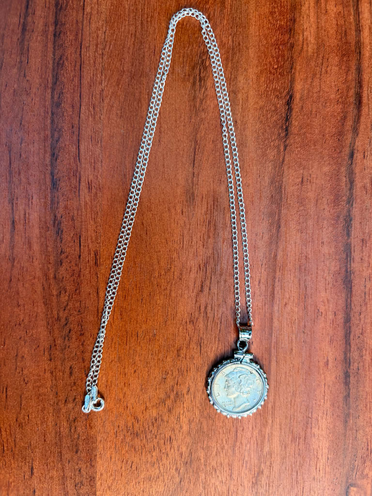 Mercury dime pendant necklace, Winged Liberty portrait side