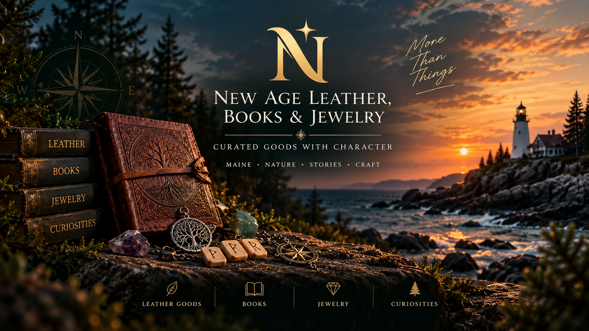 New Age Leather, Books and Jewelry coastal Maine hero with lighthouse